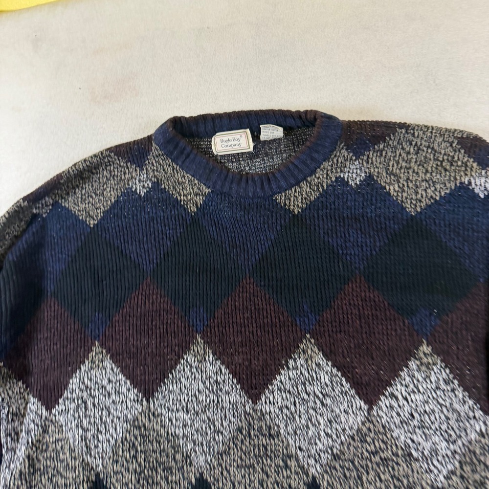 Vintage Bugle Boy Company Mens Argyle Sweater Navy Blue Burgundy Diamond Knit M
